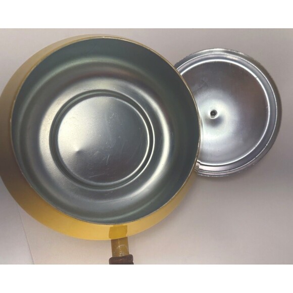 Vintage enamel fondue pot with lid, yellow geometric MCM design, wood handle - Picture 7 of 8